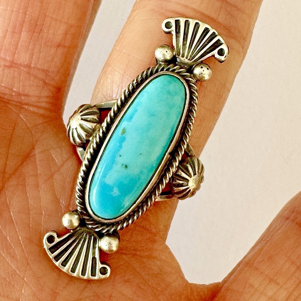 Navajo‎ Turquoise Ring Sz 7 Long Sterling Benally Native American